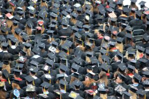 aerial view of graduates wearing hats